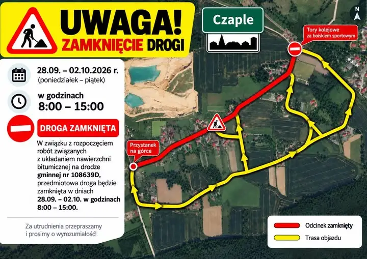Droga w Czaplach zamknięta od 28 września do 2 października