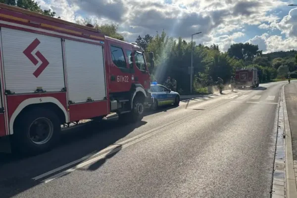 Kolizja na ul. 3 Maja w Złotoryi – strażacy usuwali płyny z jezdni