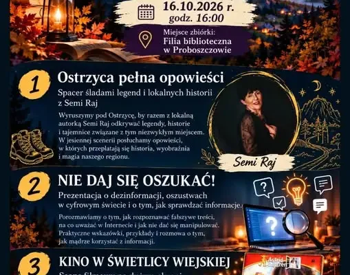 Noc Bibliotek 2026 w Proboszczowie – legendy, dezinformacja i kino pod chmurką