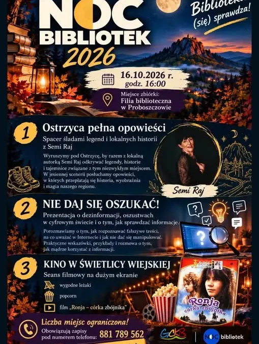 Noc Bibliotek 2026 w Proboszczowie – legendy, dezinformacja i kino pod chmurką