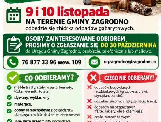 Gmina Zagrodno: zbiórka odpadów gabarytowych – zgłoszenia do 30 października