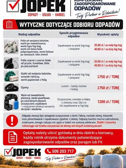 Gmina Zagrodno organizuje zbiórkę odpadów rolniczych – zgłoszenia do 30 października