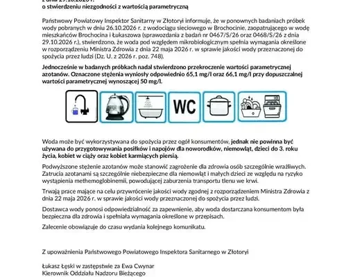 Woda w Brochocinie i Łukaszowie: mikrobiologia bez zastrzeżeń, azotany wciąż za wysokie